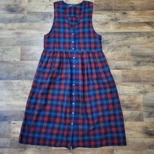 Vintage Karen Scott Blue and Red Plaid Buttondown Midi School Dress Size 10